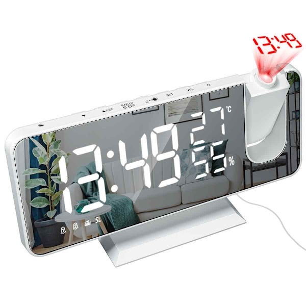 [RM]Projection Alarm Clock for Bedroom Digital Alarm Clock Projector White - White Digits