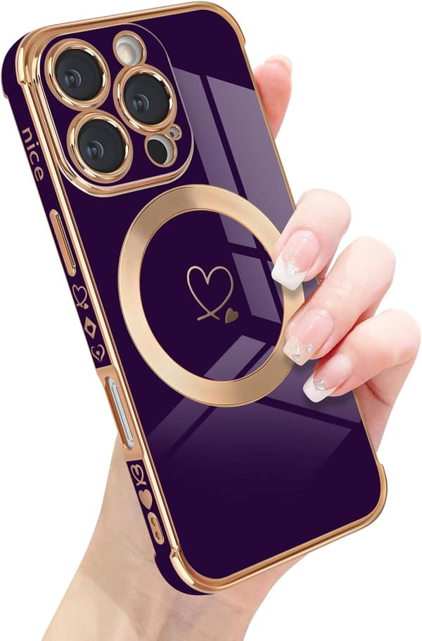 [RM]iPhone 16 Pro Case, Cute Heart Pattern and Gold Plated Edge Compatible with MagSafe Silicone Case Cute Shockproof for iPhone 16 Pro