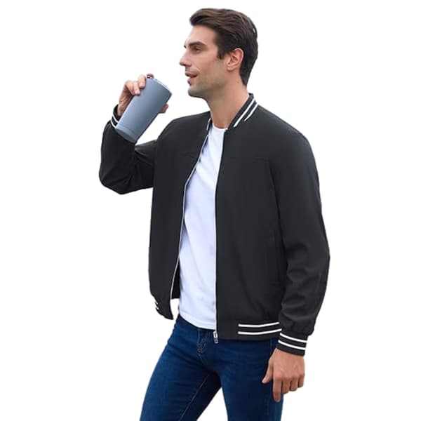 [RM] Men's Casual Stand-Up Collar Zip Jacket with Striped Pattern in Solid Color Black Black S