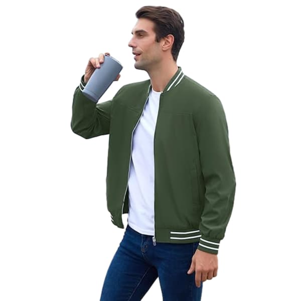 [RM]Men's Casual Stand-Up Collar Zip Jacket with Striped Pattern in Solid Color Green Green M