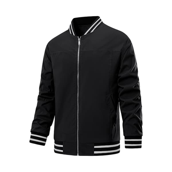 [RM] Men's Casual Stand-Up Collar Zip Jacket with Striped Pattern in Solid Color Black Black XL