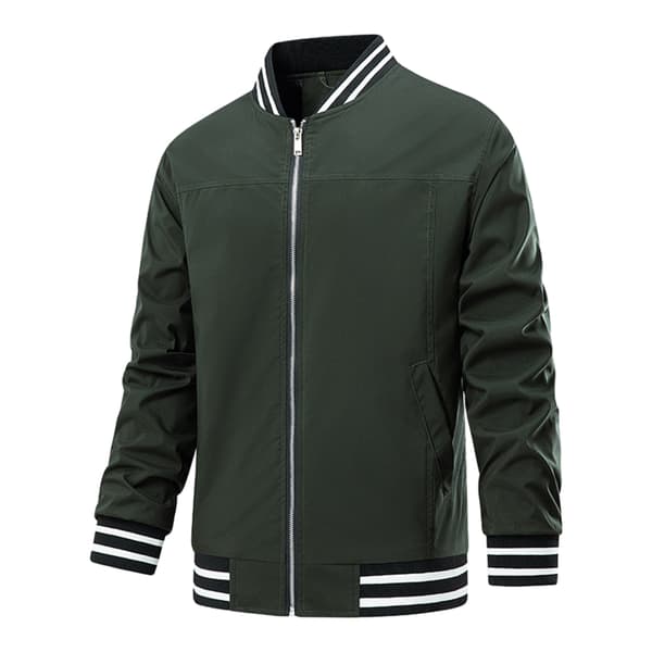 [RM]Men's Casual Stand-Up Collar Zip Jacket with Striped Pattern in Solid Color Green Green L