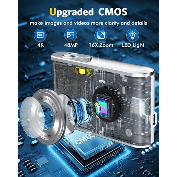 INF Digitaalikamera 4K 48MP 16x Zoom Web-kamera 32GB muistikortilla Silver