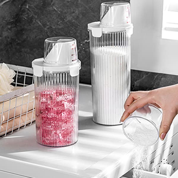 [RM] Large Laundry Powder Container - 1800ml Clear Jar with Measuring Cup - Double Sealed Airtight Round Detergent Container