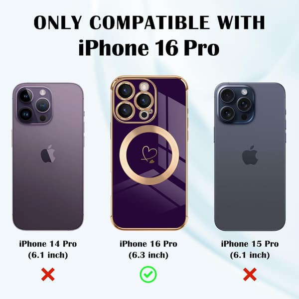 [RM]iPhone 16 Pro Cover, Cute Heart Pattern and Gold Plated Edge Compatible with MagSafe Silicone Case Cute Shockproof for iPhone 16 Pro