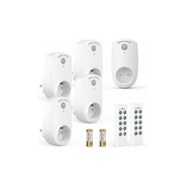 [RM]Set of 5 programmable power outlets, wireless remote control socket with 2 remote controls, 2 batteries included, 30 m control distance in open A