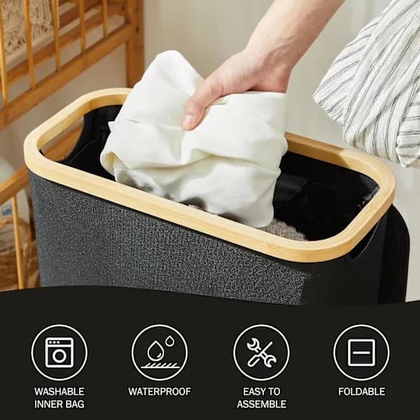 [RM] Laundry basket with lid, 48 liter large, with laundry bag, foldable laundry basket with handle, bamboo laundry basket, black, as