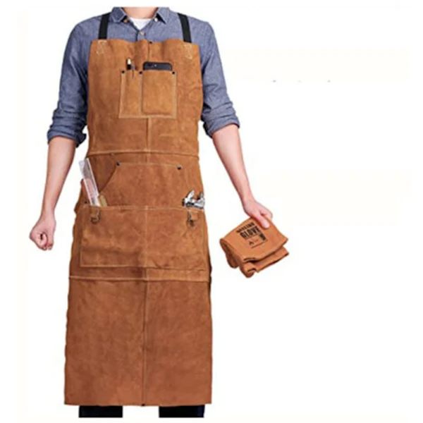 [RM] Welding Apron, Split Leather Work Apron with 6 Pockets, 61 x 91 cm Multifunctional Cooking Apron, Adjustable Straps