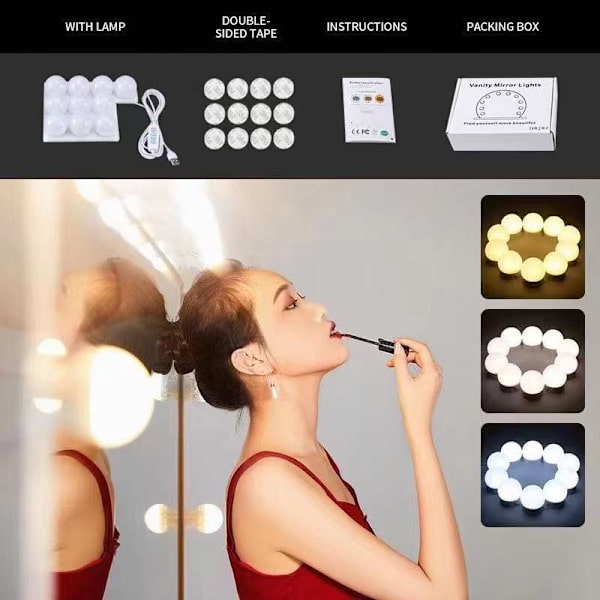 3 ljuslägen och 14 dimbara LED-lampor, USB-laddningsport, kompatibel med Hollywood sminkspegel