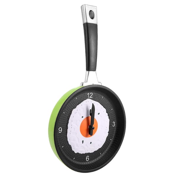 [RM] Frying Pan Clock with Fried Egg - Novelty Hanging Kitchen Cafe Wall Clock Kitchen - Green