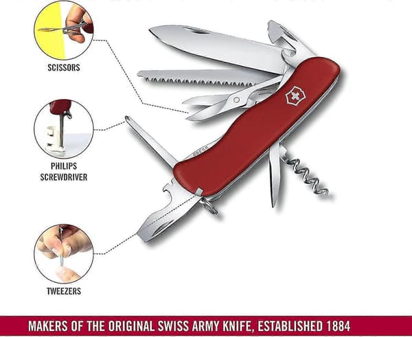 [RM]Swiss Pocket Knife, Multi-tool, 14 Functions, Blade, Scissors, Corkscrew, Red