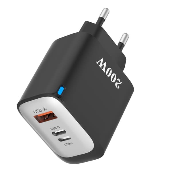 [RM]Portable 200W 3 in 1 USB C USB A USB L Fast Charger with Smartest Chip Technology for Efficient Device Charging Black 0.08