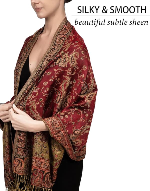 [RM]Red-Soft Silky Reversible Paisley Pashmina Shawl Wrap Scarf with Fringes