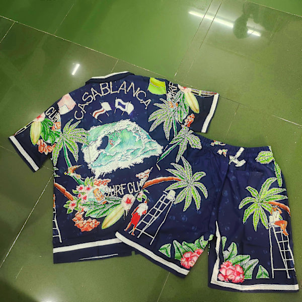 Casablanca Havaiji-rantakukkainen paitapuku kookospähkinäkuviolla, lyhythihaiset shortsit, yhteensopiva miesten ja naisten kanssa, topit ja t-paidat Army Green S