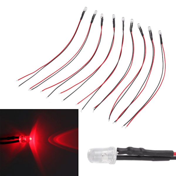 10 st 5 mm LED-dioder förkopplade elektroniska LED-lampor för dekoration 5-12 V rött ljus