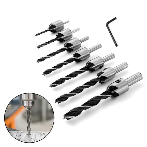 [RM] 7 Pcs Wood Drill Bits with HSS Reamers Core Drill Countersunk Head Drill with Countersink and Depth Stop 90 Countersink (3-10mm)