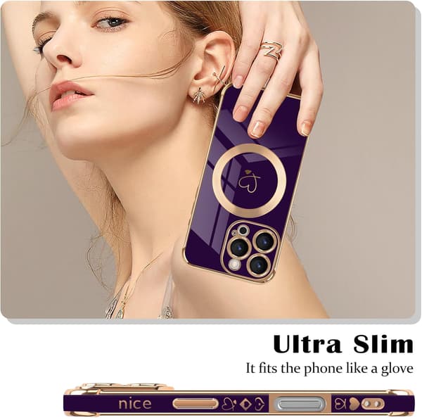 [RM]iPhone 16 Pro Case, Cute Heart Pattern and Gold Plated Edge Compatible with MagSafe Silicone Case Cute Shockproof for iPhone 16 Pro