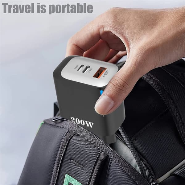 [RM]Portable 200W 3 in 1 USB C USB A USB L Fast Charger with Smartest Chip Technology for Efficient Device Charging Black 0.08