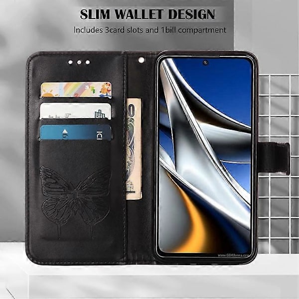 Kompatibel med Nokia XR20 Präglat Fjäril Läder Telefonfodral Black
