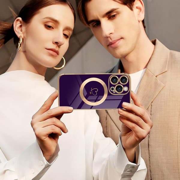[RM]iPhone 16 Pro Case, Cute Heart Pattern and Gold Plated Edge Compatible with MagSafe Silicone Case Cute Shockproof for iPhone 16 Pro