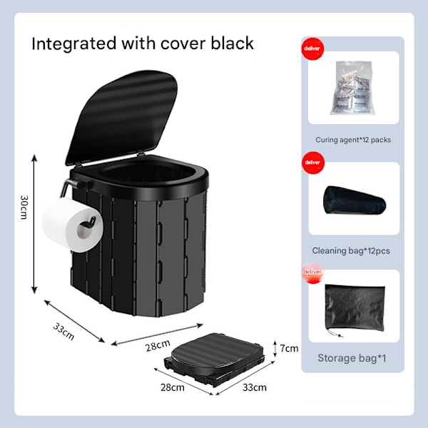 Kannettava retkivessa, kokoontaitettava vessa kannella, vedenpitävä Porta Potty -auto, asuntovaunu, telttavessa, ämpärivessa, musta Black