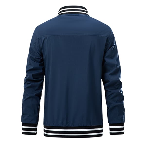 [RM] Men's Casual Stand-Up Collar Zip Jacket with Striped Pattern in Solid Color Blue Blue M