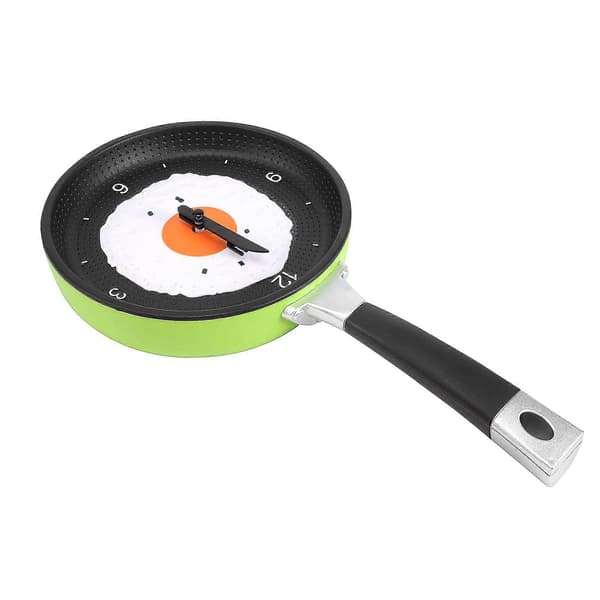 [RM] Frying Pan Clock with Fried Egg - Novelty Hanging Kitchen Cafe Wall Clock Kitchen - Green