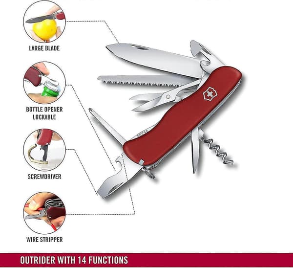 [RM]Swiss Pocket Knife, Multi-tool, 14 Functions, Blade, Scissors, Corkscrew, Red