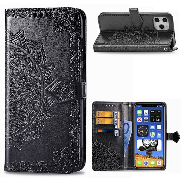 iPhone 12 Pro Max - Mandala Läderfodral - Svart Black Svart