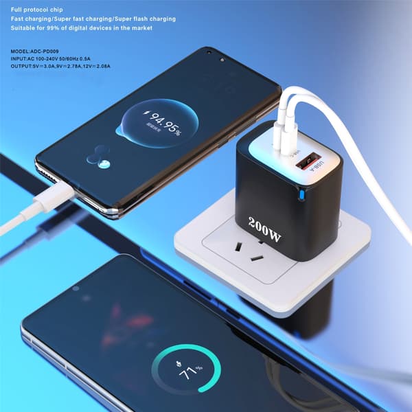 [RM]Portable 200W 3 in 1 USB C USB A USB L Fast Charger with Smartest Chip Technology for Efficient Device Charging Black 0.08