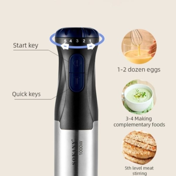 [RM]Hand Blender - Stainless Steel - 1000W - 5 Speeds - Boost Function - Blending