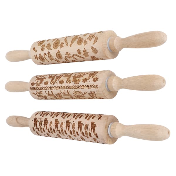 [RM]Embossed Rolling Pin for Baking, Christmas Snowflake Pattern 3D Rolling Pin with Deep Engraved Design, Wooden Rolling Pin for