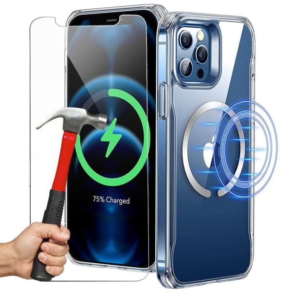 [RM]Coque - E.F.CONNECTION - til iPhone 13 Pro Max - Gennemsigtig silikone - Magnetisk ring - 2 hærdede glas Transparent