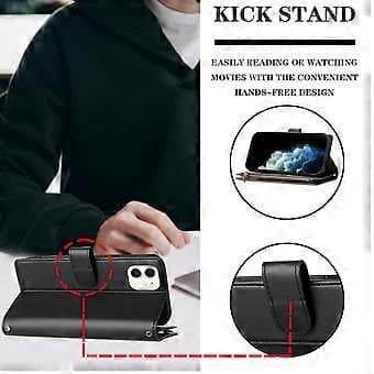 [RM]Compatible with iPhone 12 Wallet Case Premium Zipper Large Capacity Flip PU Leather Case - Black Black