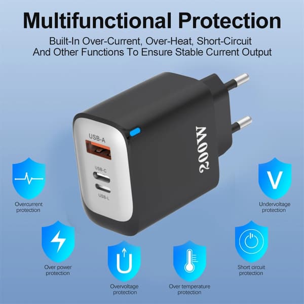[RM]Portable 200W 3 in 1 USB C USB A USB L Fast Charger with Smartest Chip Technology for Efficient Device Charging Black 0.08