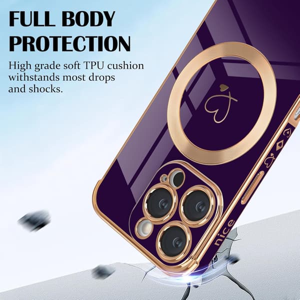 [RM]iPhone 16 Pro Case, Cute Heart Pattern and Gold Plated Edge Compatible with MagSafe Silicone Case Cute Shockproof for iPhone 16 Pro