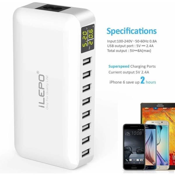 [RM]5V 8A 8-Port USB Charger with LCD Display, Smart Charging Station, Multi-Port USB Socket Compatible with iPhone XS XR SE