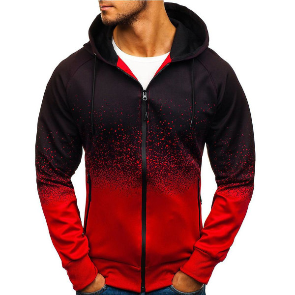 Män Tryck Dragkedja Upp Långärmad Sport Huvtröja Hoodies Sweatshirt Kappa Outwear Red M