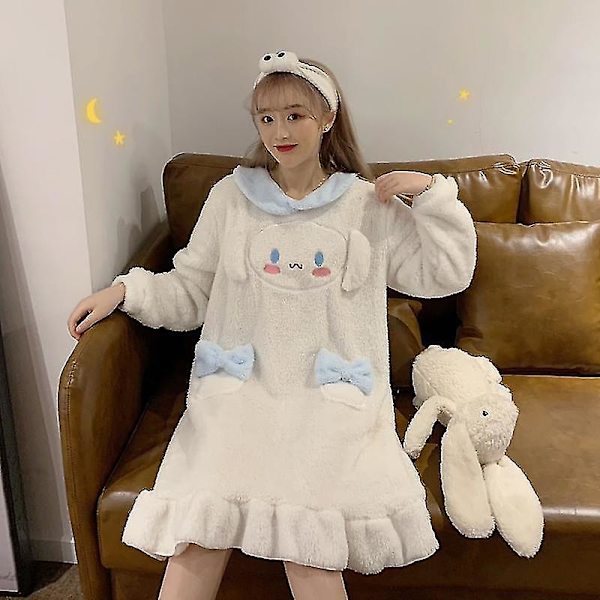 Kawaii Cartoon Sanrios Cinnamoroll Söt Söta Korallfleece Nattklänning Vit Mid Längd Hemkläder Pyjamas Klänning XL Cinnamoroll