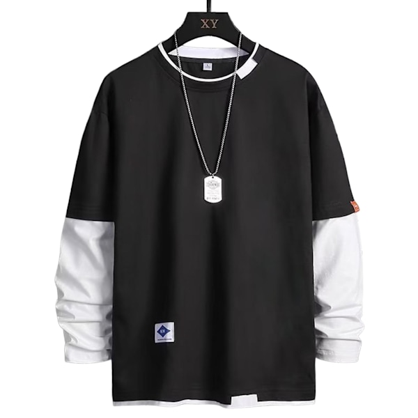 Miesten pyöreäkauluksinen pusero, kontrastivärinen, pitkähihainen T-paita rentoon päivittäiseen käyttöön, juhliin ja kouluun 352 Black 3XL