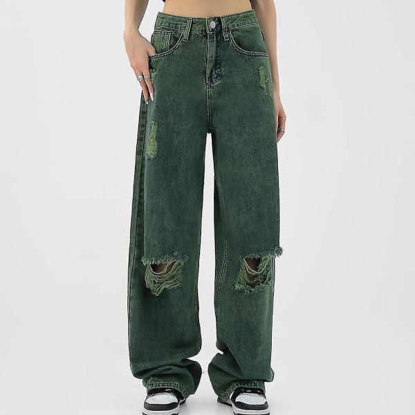 Kvinnors byxor höst kvinnliga gröna jeans förstörda rivna hål sexig hög midja Green XL