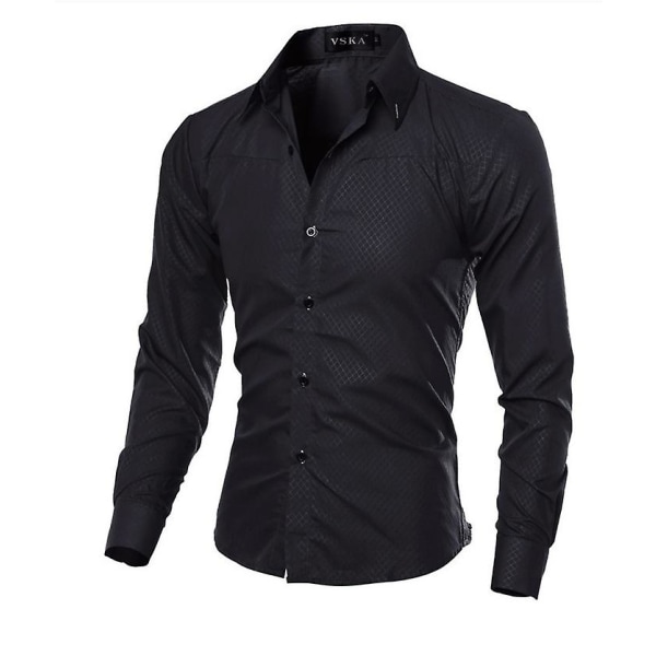 Men Argyle Pattern Slim Fit Dress Shirt Casual Långärmad Party Business Lapel T-shirt Black M