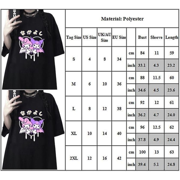 Kuromi & My Melody Anime Tryckt Tröja Dam Tonåringar Tunika Kortärmad Sommar Ledig Passform T-shirts Harajuku T-shirts 2XL