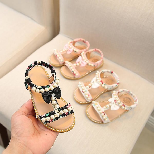 Baby Flickor Boho Pärlbroderade Sandaler Blomsterflickor Rosett Platt Tå Sandaler Gladiator Pink 26
