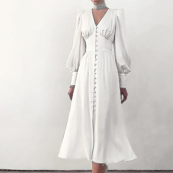 Satängklänning Kvinnlig Design Sense Lanternärmar Midja Tunn Europa Och USA Temperament Smal lång klänning white S