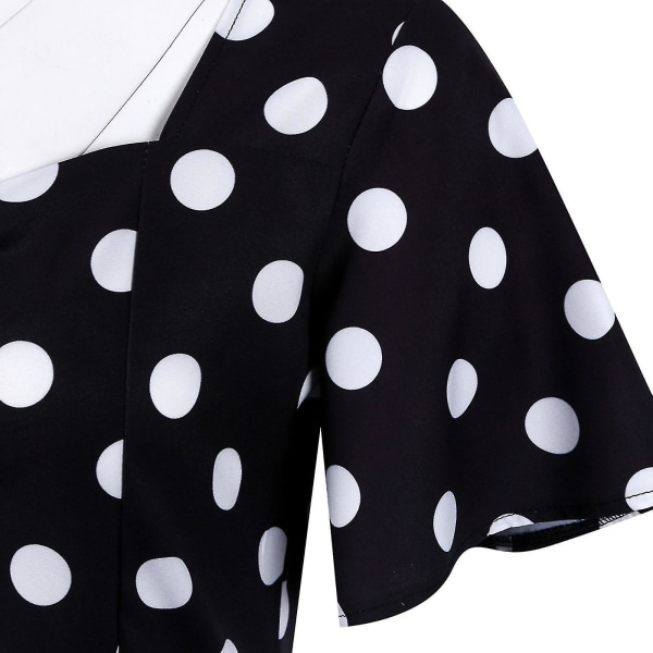 Kvinnors retro resemönster våg fåll kortärmad prickig midilång fållklänning Black S