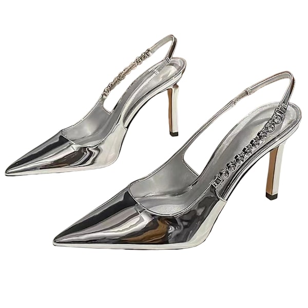 Dame Høje Stiletter Klassiske Spidse Lukkede Pumps Sko Bryllup Brude Fest Kjole Sko Silver 35
