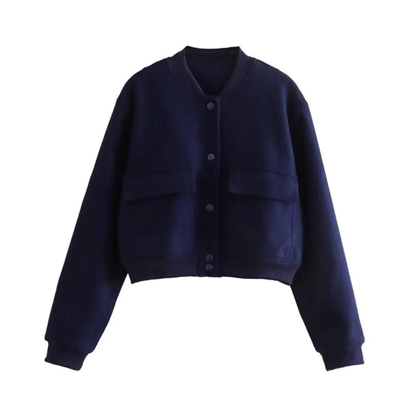 Retro Kort Uldjakke til Kvinder, Casual Ensfarvet Langærmet Jakke til Efterår og Vinter Dark Blue S