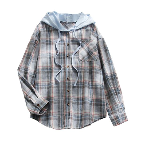 Casual damrutig skjorta med huva för kvinnor, mode, lös, långärmad knappblus Sky Blue XL