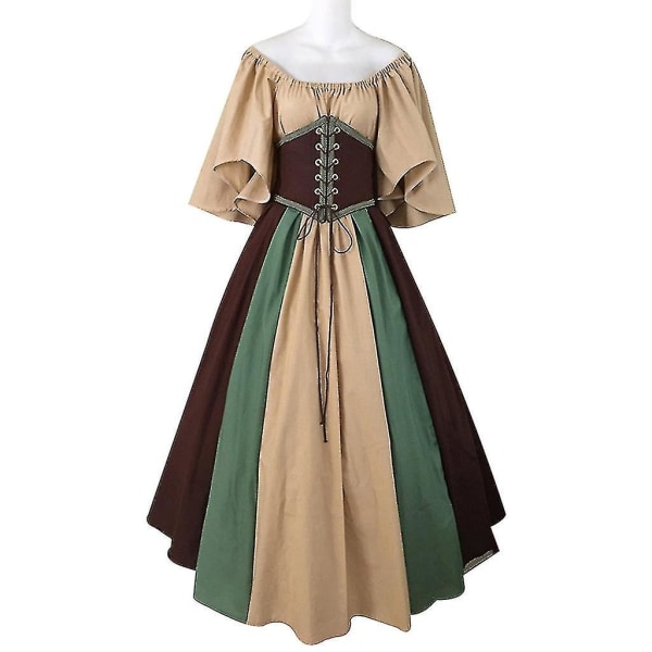 Kvinnors renässans medeltida kostymer klänning Khaki M